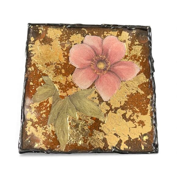 Handmade glass floral and gold coaster art piece - Picture 1 of 3
